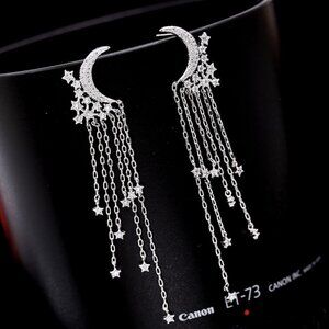 Moon and Stars Dangle Earrings for Women with AAA Australian Cubic Zirconia